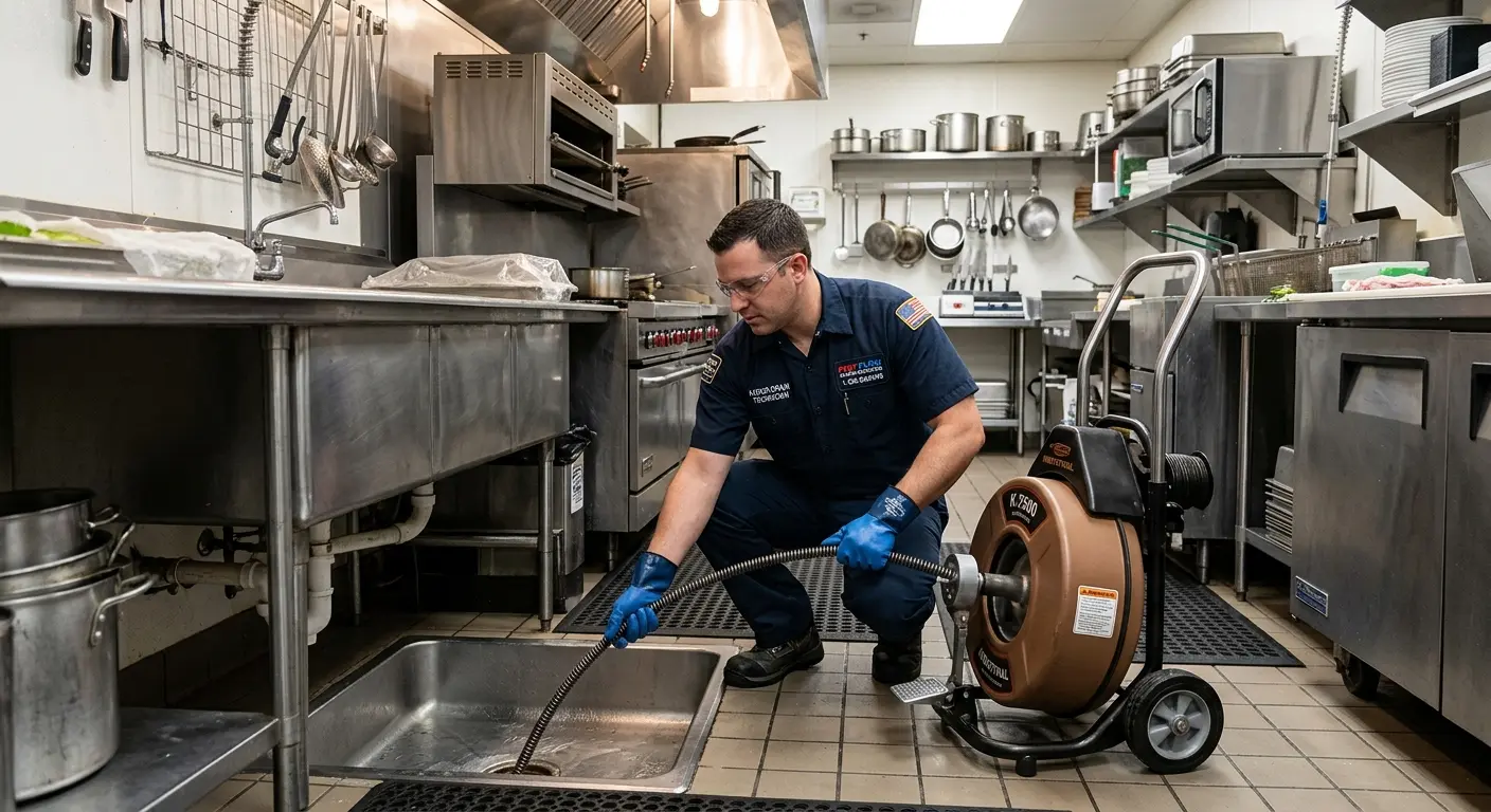 Commercial drain cleaning service in a restaurant kitchen in Cockeysville