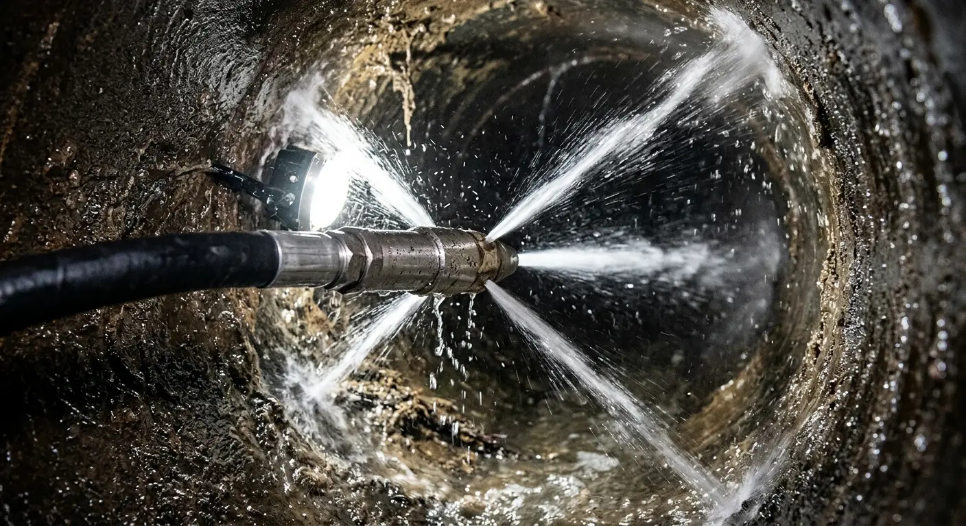 High-pressure hydro jetting nozzle cleaning sewer pipe for Sewer Cleanout in Cockeysville