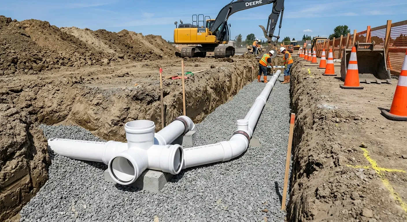 New PVC sewer pipe installation in open trench for Commercial Drain Cleaning in Cockeysville