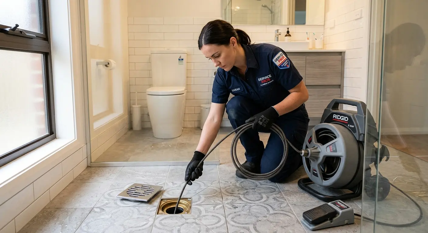 Technician clearing a bathroom floor drain for Sewer Line Replacement in Cockeysville